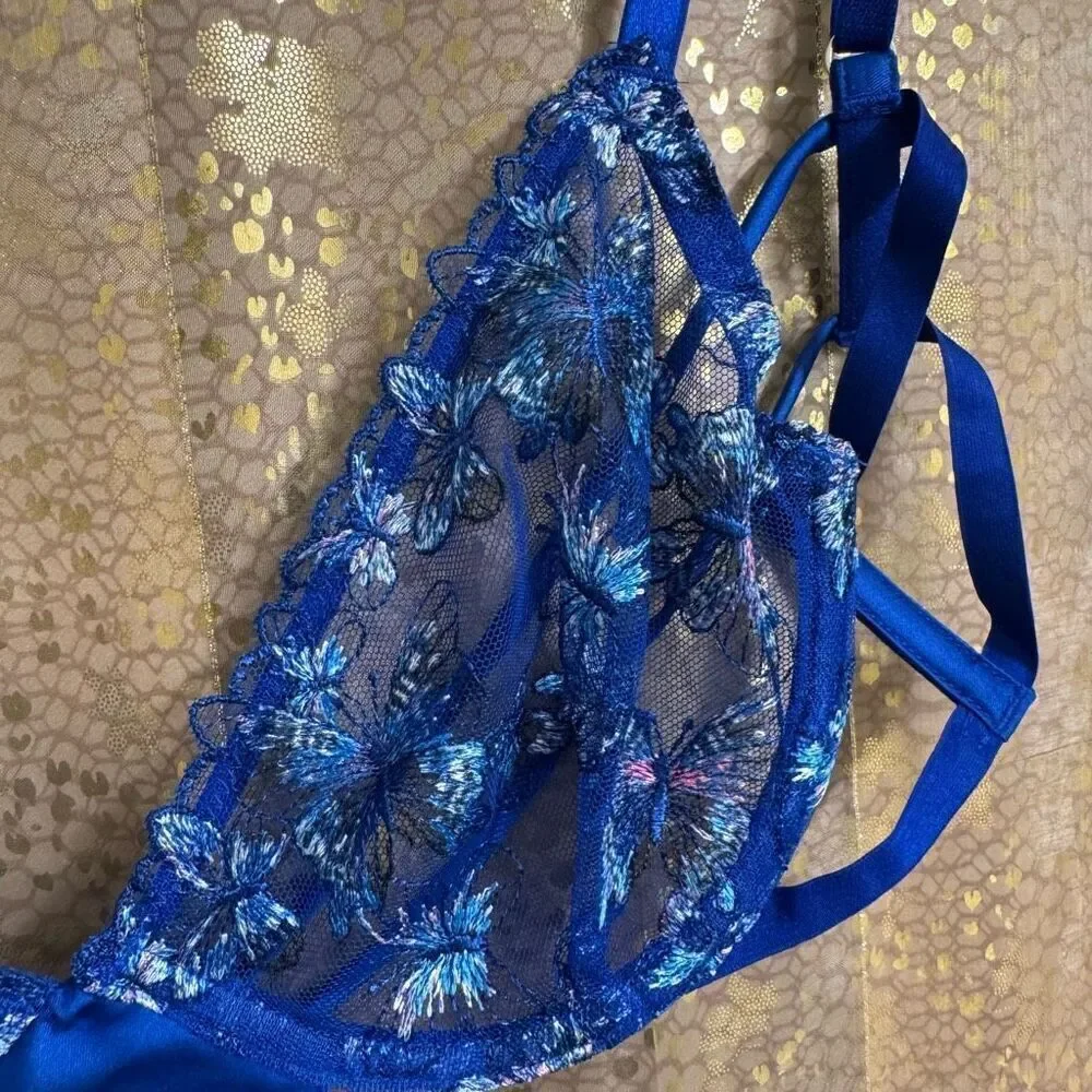 Victorias Secret Royal Blue Lace Butterfly Low Cut Demi Satin Slip Medium NWT